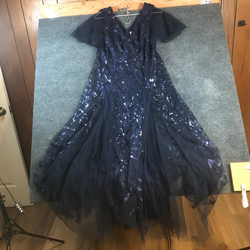 Ever Pretty Ruffle Sleeve Leaf Sequin Maxi Dress Womens 16 Navy Blue NEW Formal